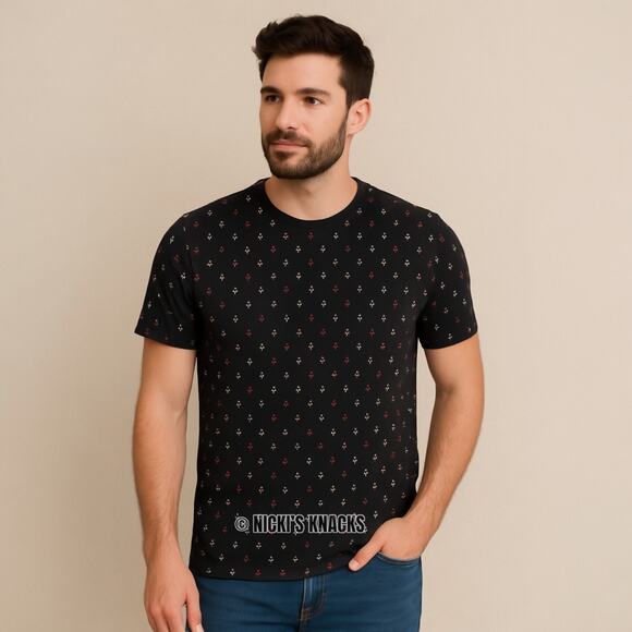 Denim & Flower Navy Anchor Print Short Sleeve Crewneck T-Shirt Cotton Size S - Picture 1 of 8